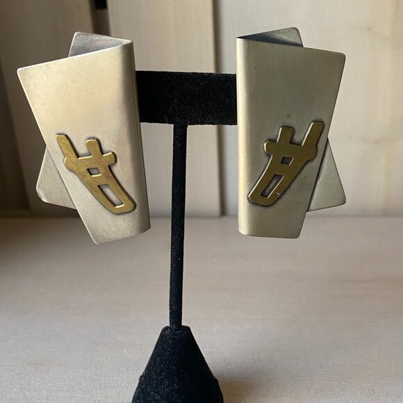 Vintage Sterling Silver Brutalist Modernist Chunky Brass Clip on Earrings - Picture 1 of 11